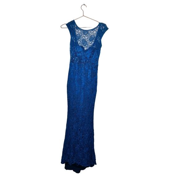THEIA Dark Blue Metallic Floral Lace Overlay Shimmering Element Gown Size 6 - Picture 6 of 16
